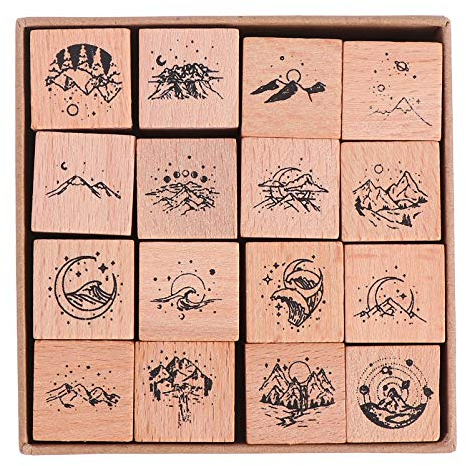 MILISTEN 16-teiliges Vintage-Stempel-Set aus Holz mit Mond, Stern, Berg, Fluss, dekoratives Holzstempel-Set für Bastelarbeiten