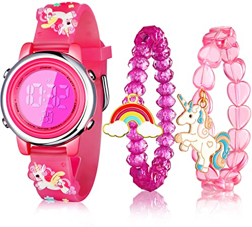 Yaomiao 3 Stück Einhorn Kinderuhr und Einhorn Armband 3D Karikatur Wasserdicht Kind Handgelenk Digitaluhr 7 Farbe Licht Uhr mit Alarm Stoppuhr Weihnachten für 3-10 Jahre Mädchen (Lustiger Stil)