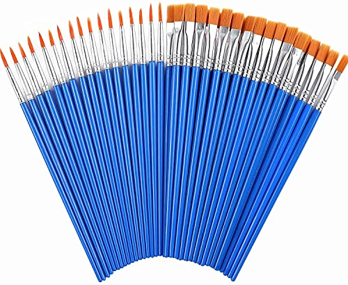 60 Pcs Paint Brushes,Round Flat Small Brush Bulk for Detail Painting (30 Round and 30 Flat)