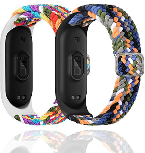 Keecuty 2 Stück Nylon Armband für Mi Band 6/5 / 4/3 Armband Elastisches Stoff Geflochten Weichem Nylon Sport Armbänder Elastizität Atmungsaktive Erweiterbar Uhrenarmband für Mi Band 6/5/4/3-2A