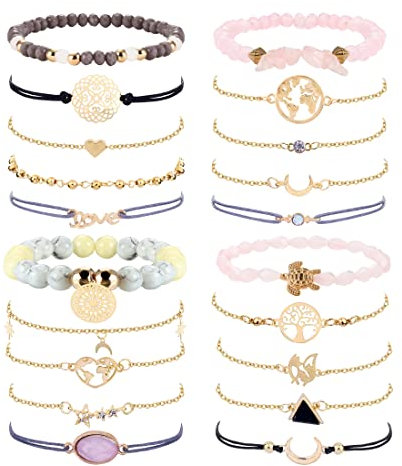 JeweBella 20PCS Bohemia Bracelet Set pour Femme Fille Réglable Manchette Layered Multi Bracelet Pendentif Forme Ronde Perles Pompon Elastique Bracelet Ensemble Cadeau Bijoux
