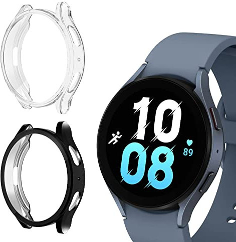 ToVioc Cover Compatibile con Samsung Galaxy Watch 5 44mm Custodia Full Protezione, [2 Pezzi] [Anti-Graffio] Shell con Pellicola Protettiva per Samsung Galaxy Watch 5 44mm - Nero & Trasparente