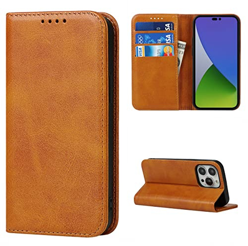 Cavor iPhone 14 Pro Case,Flip Leather Wallet Case,[3 Card Holders][Stand Holder][Magnetic closure],Leather Cover Phone Case for iPhone 14 Pro - Light Brown