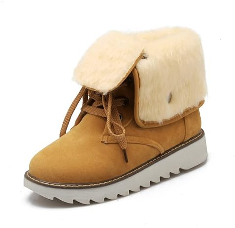 JIEEME Botas de invierno nubuck tobillo punta redonda plana con cordones botas de nieve hechas a mano de media caña para mujer z588s, amarillo, 38 EU