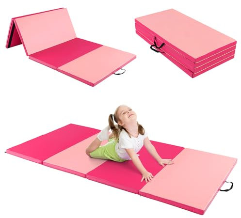 COSTWAY Tapis de Gymnastique Pliable Epais 240x117x5CM, Matelas d'Entrainement en Mousse et PU avec Poignées, pour Gymnastes Entraînements Sportifs Yoga, Violet et Rose