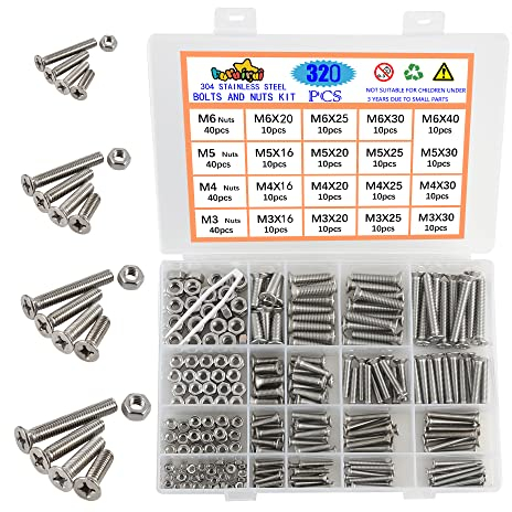 huruirui Jeu d'écrous et de boulons m3 M4 M5 M6 304 vis à tête plate en acier inoxydable kit d'écrous à vis pour machine hexagonale avec boîte de rangement 320pcs