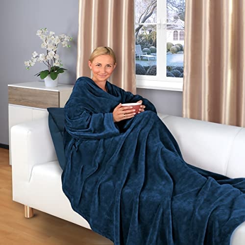Gräfenstayn® Kuscheldecke mit Ärmeln und Fußtasche - Flauschige Decke zum anziehen - Öko-tex Standard 100 - Ärmeldecke für Damen & Herren - TV-Decke (Blau, 180x150)