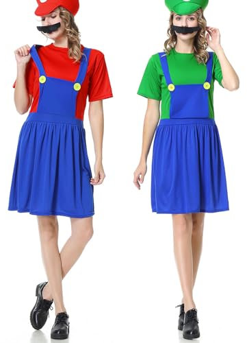 YUUGYD Super Brothers Cosplay Kostüme für Erwachsene Kinder, Halloween Carnival Cosplay Kostüm, Cosplay Kostüm mit Hut und Schnurrbart für Herren Damen Jungen Mädchen, Damen Grün, S