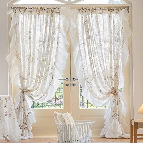 Freyamy Voile Vorhänge 2er Set Transparent Vorhang Beige Blumen Gardinen mit Rüsche Durchscheinend Landhaus Verdunkelungsgardine Wohnzimmer Schlafzimmer Fensterdekoration Vorhänge（B132xH160）