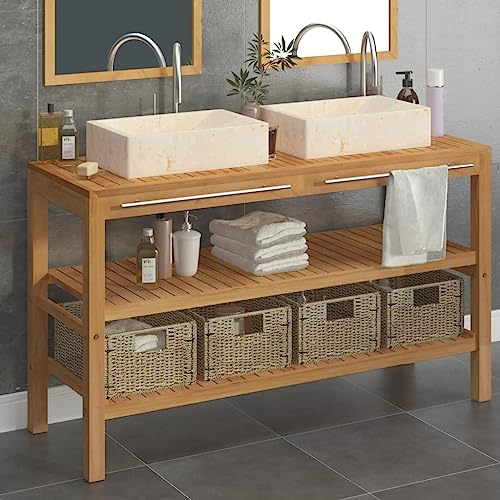 CIADAZ Waschtisch Massivholz Teak mit Waschbecken Marmor Creme, Waschbeckenunterschrank, Badezimmerschrank, Badezimmermöbel, Badschrank, Badezimmer Unterschrank, Badezimmer Möbel 3058181
