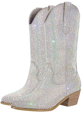 blingqueen Stivali da cowboy con glitter tacco occidentale, argento, 38 EU