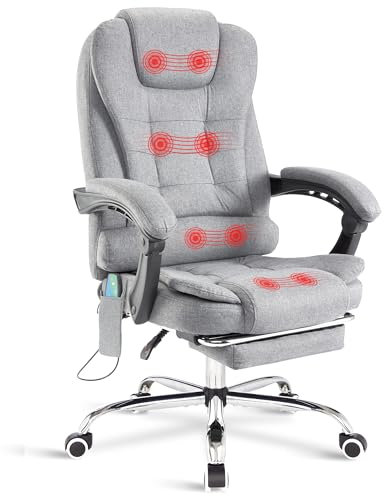 Blisswood Ergonomic Desk Chair with 8-Point Massage Seat – PC Gaming Chair with Footrest, Heavy-Duty Reclining Backrest and Soft Cushion for Home Office & Back Pain Relief - Linen (Grey)