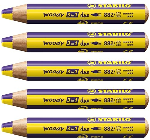 STABILO - Duo Buntstift, Wasserfarbe & Wachsmalkreide - woody 3 in 1 duo - zweifarbige Mine - 5er Pack - gelb/violett