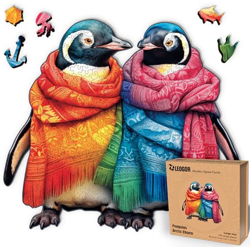 LEOGOR Holzpuzzle für Erwachsene Pinguine Arktischer Charme 350 Teile Groß 42,4 x 37,9 cm Premium 5mm Holz Tierpuzzle Handgezeichnet Achtsamkeit Familie Geschenk Sammlerstück Deko