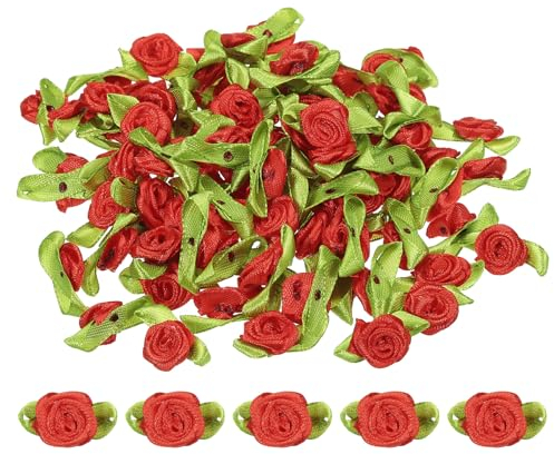 PATIKIL Mini Roses en Ruban, 100 Pièces de Petites Fleurs en Tissu Satiné Avec Feuilles Vertes, Décorations Rosettes Appliquées pour L'Artisanat DIY, La Couture Et Les Mariages, Rouge