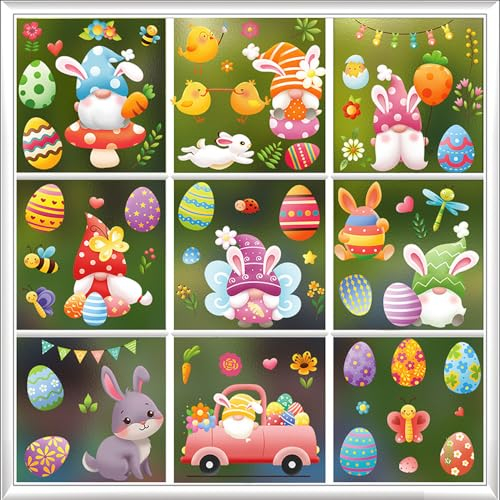 9 Blätter Ostern Fensteraufkleber, Wiederverwendbare Fensterbilder Selbstklebend
