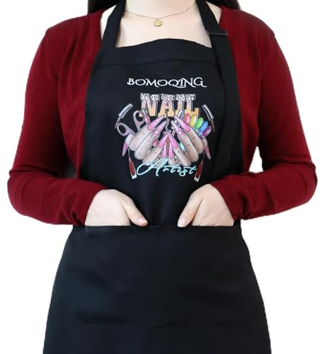 BOMOQING Nail Apron, Nail Tech Apron With Pockets Waterproof, Adjustable Manicurist Apron for Women, Professional Cosmetics Apron, Nail Art Supplies for Nail Salons Cosmetology Smock, Black, Large