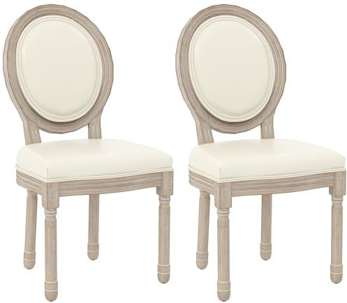 HOMCOM 2 Esszimmerstühle, Küchenstuhl, Medaillon, Stil Louis XVI, Sitzfläche mit Kunststoffbeschichtung, Wohnzimmerstuhl aus Massivholz, geschnitzt, cremefarben