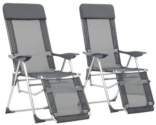 Rantry Lot de 2 chaises de camping pliantes avec repose-pieds en textilène gris, fauteuil extérieur, terrasse, balcon, patio