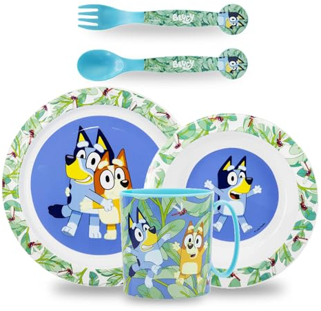 Sorrisini Vajilla Infantil Reutilizable Apta Para Microondas, Juego de Platos Irrompibles de Plástico para Niños y Bebés, Set Plato, Cuenco Para Cereal, Cubiertos y Taza 390ml, Bluey
