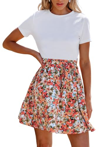 CUPSHE Damen Sommerkleid Rundhals Kurzarm Taillenschnürung T Shirt Kleid Freizeitkleider Tunika Mini Dress Weiß/Orange XL