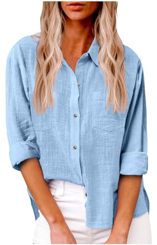 Donna Camicetta di Lino, 3/4 Manica Scollo a V Top Aderente Tunica Tinta Unita Camicia Estiva Spiaggia Offerte di Primavera Cotone e Lino Vintage Blusa T-Shirt Comoda Classico Maglietta con Bottoni