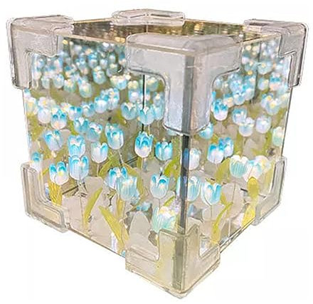 IGTOPS Tulpen Nachtlicht, DIY Tulpenwürfel Spiegel Lampe, LED Blumen Tulpen Licht Schreibtischlampe für Tisch Schlafzimmer Heim Dekoration, Mit eingebauter Batterie (12cm, Blau)