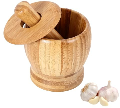 KOMUNJ Juego de mortero y mortero, con mortero de bambú, mortero de cocina pequeño, adecuado para ajo, chile, lngwer, cacahuete, nuez, varios