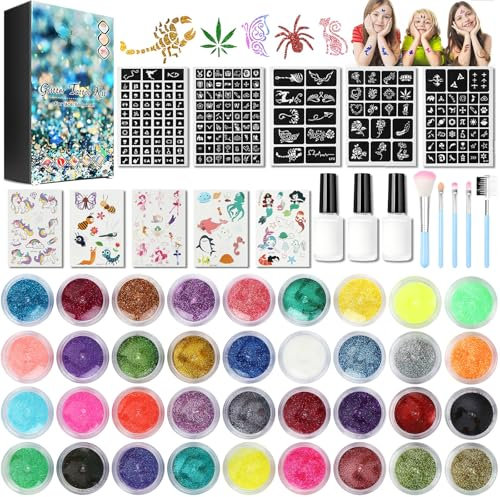 Glitzer Tattoo Set Kinder 36 Farben Glitzertattoos Kinder Set,Inkl 200 Schablonen,3 Flaschen Kleber,5 Pinsel & 5 im Dunkeln leuchtende Aufkleber Temporäre Tattoos für Mädchen für Geburtstag,Party