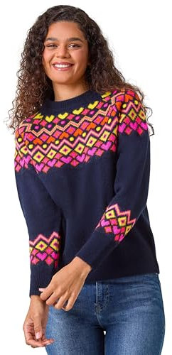 Roman Fairisle Jumper for Women UK Ladies Stretchy Winter Autumn Sweater Casual Knit Knitwear Knitted Pullover Comfy Soft Thick Lightweight Dinner Party Office Work - Midnight Pink - Size 20