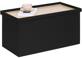 Bonlife Large Ottoman Bench with Coffee Table,Linen Toys Chest with Lid, Folding Footstool for Living Room,Support 250KG,Black,76x38x38CM