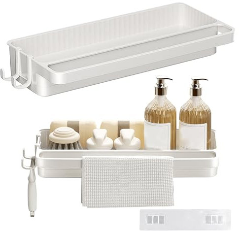 xtemtoamz Spülbecken Organizer Wand, Küchenorganisation Spüle, Küchenablage Ohne Bohren, Spülutensilien Aufbewahrung für Küchenzubehör Schwamm Bürste Spülseife, Spülbecken Organizer Weiß