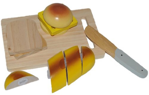 alles-meine.de GmbH Holz Set zum Schneiden - Brot Toast Messer Hamburger Schneidebrett - für Kinder Holzfrüchte Kaufmannsladen Zubehör Kaufladen Holzfrüchte mit Klettverschluß