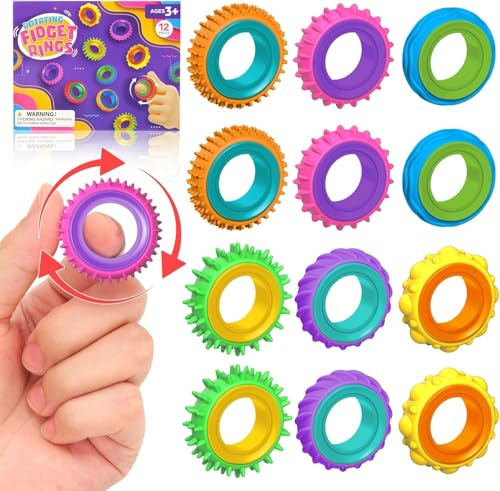 Fidget Toy Sensory Rings for Kids, 12 Pack Sensory Spinner Rings | Texture Stress Finger Toys for Autism Calming - Fun Fidgets for Adults ADHD Classroom