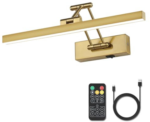 Pasoar Bild Licht Batteriebetriebene Messing 40CM lange wiederaufladbare Wandleuchten Dimmbare LED Bibliothek Licht mit Swing Arm und Timer Funktion Akku Wandleuchte Innen Gold Farbe