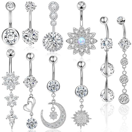 CharmBurst 10 Stück Bauchnabelpiercing Set Silber, Verschiedene Designs Mit Zirkonia, Hypoallergen Und Nickel Frei, Schmuck Belly Button Ring Wasserfestes