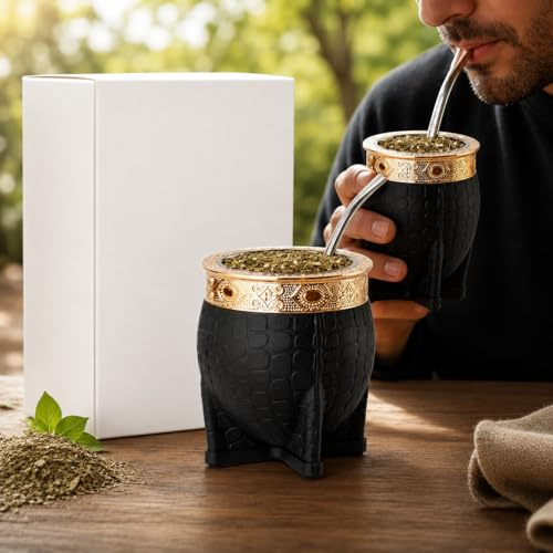 Imperial Argentine Matte Kit, Stainless Steel Tea Cup, With Straw, Tea Pumpkin, One Bulb (Straw), Wrapped in Handmade Leather, Ideal for Gift and Travel (Black)