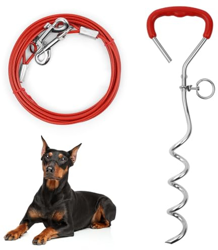 Aomig 20FT(3M) Dog Stake and Tie Out Cable, Heavy Duty Dog Tie Out Cable with Spiral Ground Stake, Sturdy Dog Lead Stake, Steel Spiral Ground Dog Spike, Dog Accessory for Outdoor, Yard