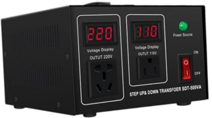 Convertidor transformador de voltaje de 500 VA con pantalla de doble voltaje de 110 V a 220 V, adaptador de EE. UU., carcasa de metal