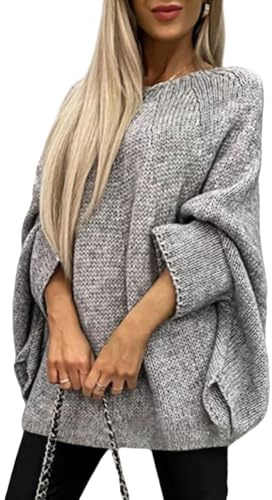 LIUYUYOUGO Poncho Damen Damen Poncho Pullover Mit Rundhalsausschnitt Fledermausärmeln Umhang Übergroß Grob Gestrickt Schals Und Tücher Einfarbig Modisch Gestrickt Pullover Oberteile Herbst/Wint