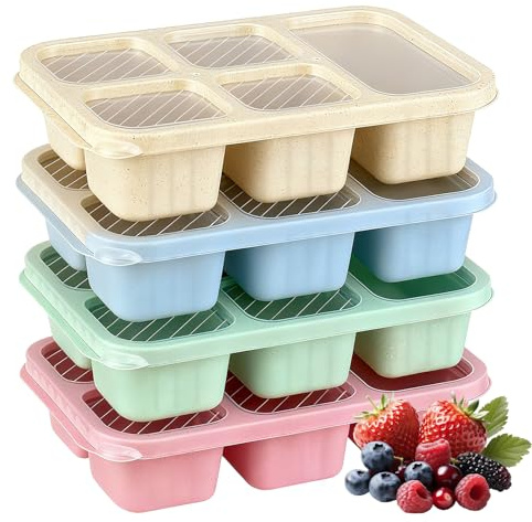 MEETOZ 4 Pack Snack Containers, Bento Snack Boxes with 5 Compartments with Transparent Lids, Reusable Bento Lunch Boxes, for School Work Travel, Camping