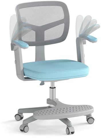 LIFEZEAL Schreibtischstuhl Kinder, Höhenverstellbarer Kinderdrehstuhl mit hochklappbaren Armlehnen, Ergonomischer Kinderstuhl Bürostuhl mit Pedal, Rückenlehne & Rollen (Blau)