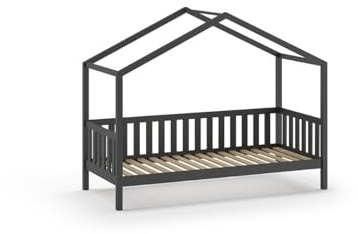 FURNLUX Dallas Kinderbett 90x200 cm, Hausbett mit Reling, Grau, Kiefernholz, 97x211x170 cm