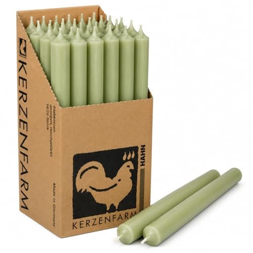 Extra lange Stabkerzen Salbei-Grün – 25 cm (250 mm) – Ø 2,2 cm – durchgefärbt & tropffrei – Made in Germany – Kerzenfarm Hahn – 12 Std. Brenndauer – wählbar 10 oder 25 Stück (10, Salbei-Grün)