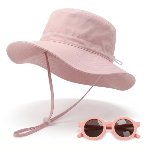 Bob Bébé avec Lunettes de Soleil Set, Chapeau Anti UV Bébé Fille Garçon UPF 50+, Bob Enfant Été avec Mentonnière, 3 Tailles pour 6 Mois - 6 Ans, Chapeau Soleil Bébé (FR/ES, Alpha/Lettres, XS, Rose)