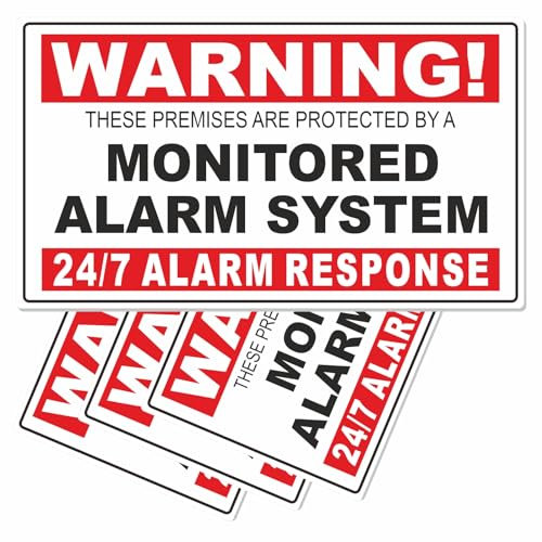 4 x A1 Stickers Warning Premises Protected by a Monitored Alarm System Signs 24hr Response Security Home House Flat Business Property Self Adhesive 140x80mm External Application Red on White