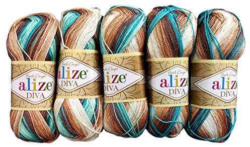 Alize 5 x 100 Gramm Batik Wolle Mehrfarbig mit Farbverlauf, 500 Gramm merzerisierte Strickwolle Microfiber-Acryl (grün Mint Creme u.a. 4603)