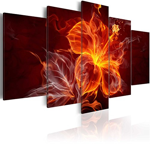 B&D XXL - Wandbilder XXL Abstrakt 225x112cm 5 tlg - Wand Deko Leinwand Bilder Groß Wanddeko Wohnzimmer Schlafzimmer Kunstdrucke - Feuerblume Lilien Flamme Blätter 020101-259
