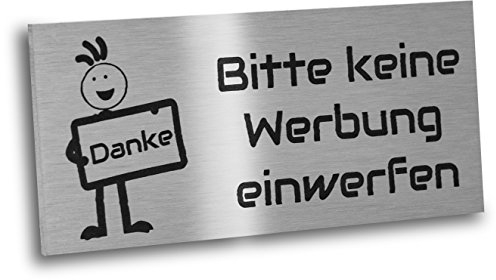 Jung-Edelstahl-Design Briefkastenschild aus V2A Edelstahl – „Bitte keine Werbung oder kostenlosen Zeitungen einwerfen“ – anthrazit oder weiß – pulverbeschichtet – verschiedene Größen (Silber)