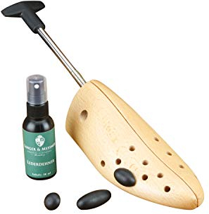 Langer & Messmer alargador de zapatos para hombre contra pellizcos en zapatos o botas - de madera maciza de haya y mecanismo metálico - se estira a lo ancho y a lo largo incl. spray alargador de cuero